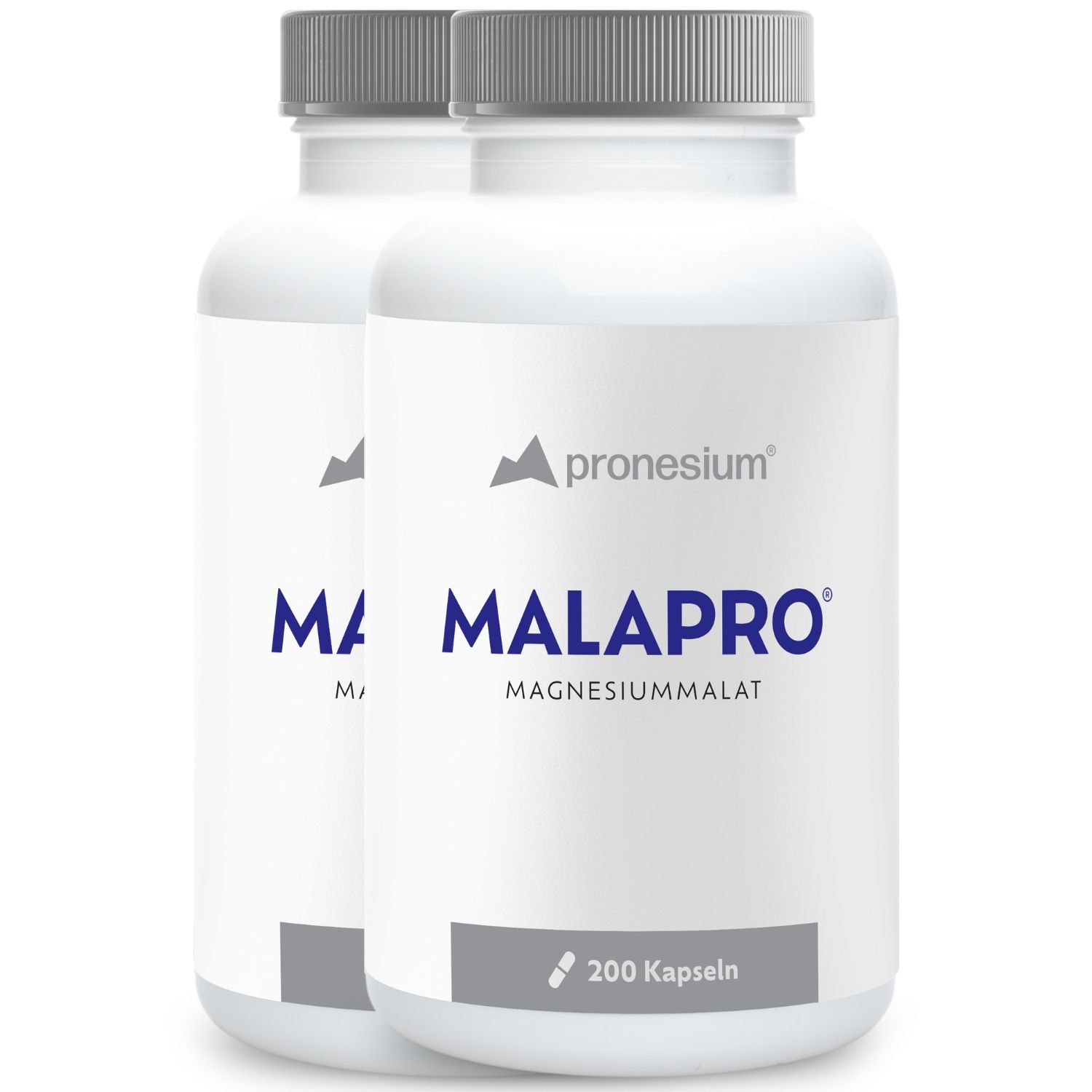 Twee witte flessen met grijze doppen. Opschrift: MALAPRO Magnesiummalat, 200 capsules.