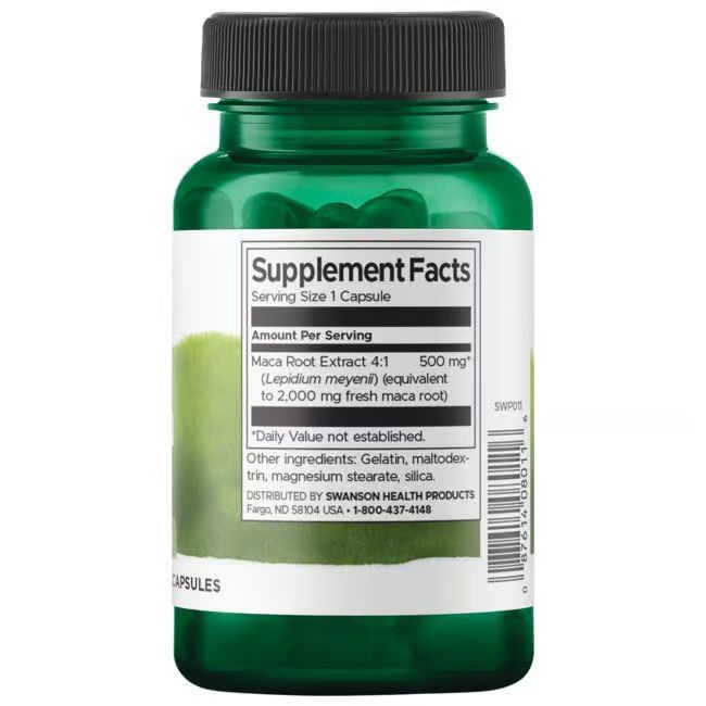 Dos d'une bouteille verte. Étiquette avec informations nutritionnelles, "Maca Root Extract 4:1" et ingrédients.