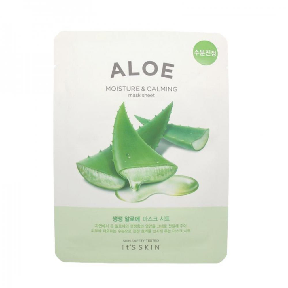 Verpakking met aloë vera-ontwerp. Tekst: ALOE, Moisture & Calming Mask Sheet. Merk: IT'S SKIN. Groen-wit ontwerp met aloë vera bladeren.