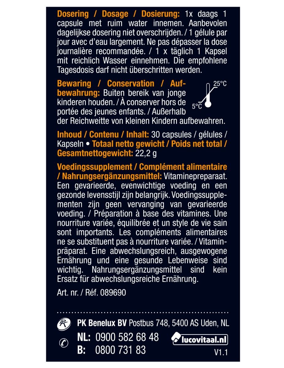 Dos de l'emballage de Lucovitaal Manuka Honing Zink. Contient des informations sur le dosage, la conservation et les valeurs nutritionnelles.