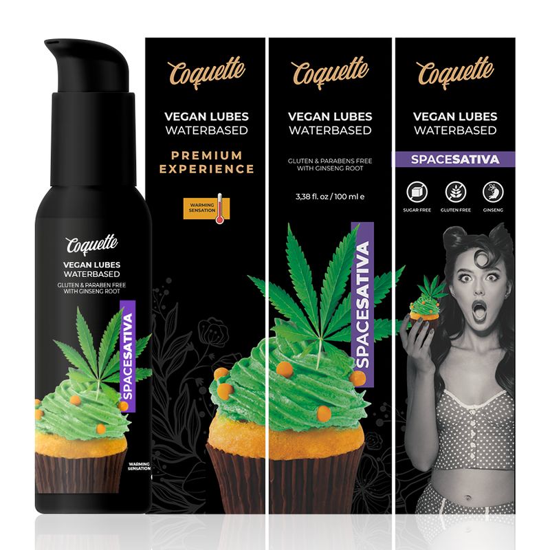 Flacon noir et emballage. Inscription: Coquette, Vegan Lubes Waterbased, Spacesativa. Illustration de cupcake et femme.