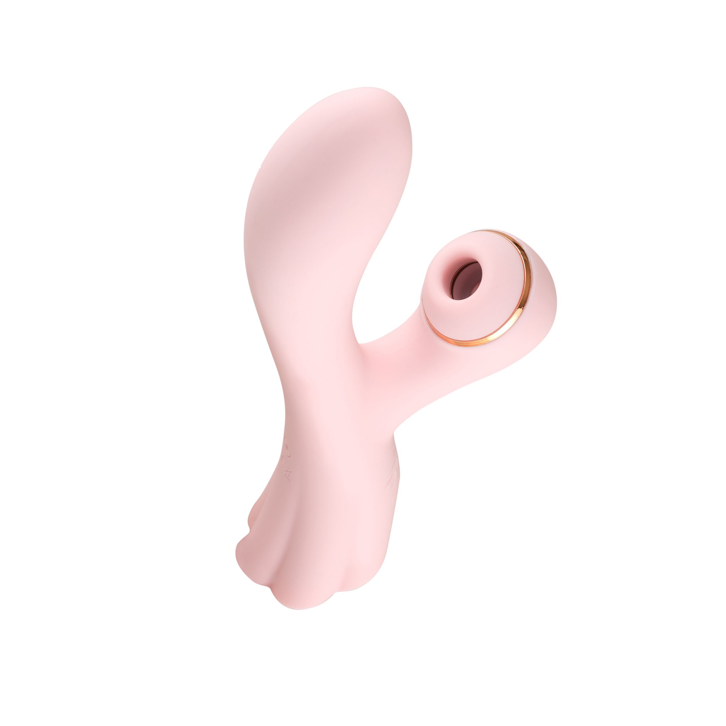 Vibrateur rose en forme de crochet, accent doré. Ouverture ovale à l'extrémité.