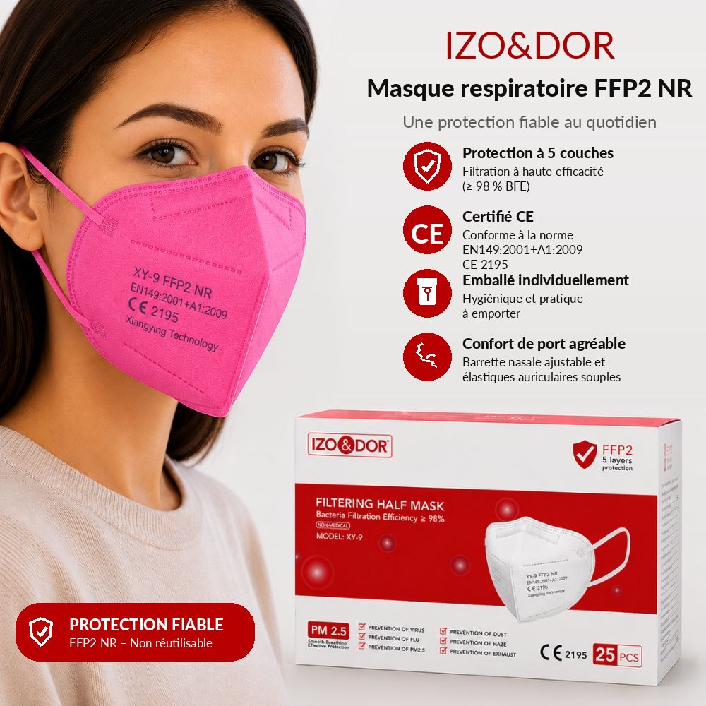 Emballage d'un masque FFP2 rose, 25 pièces, avec marquage CE.