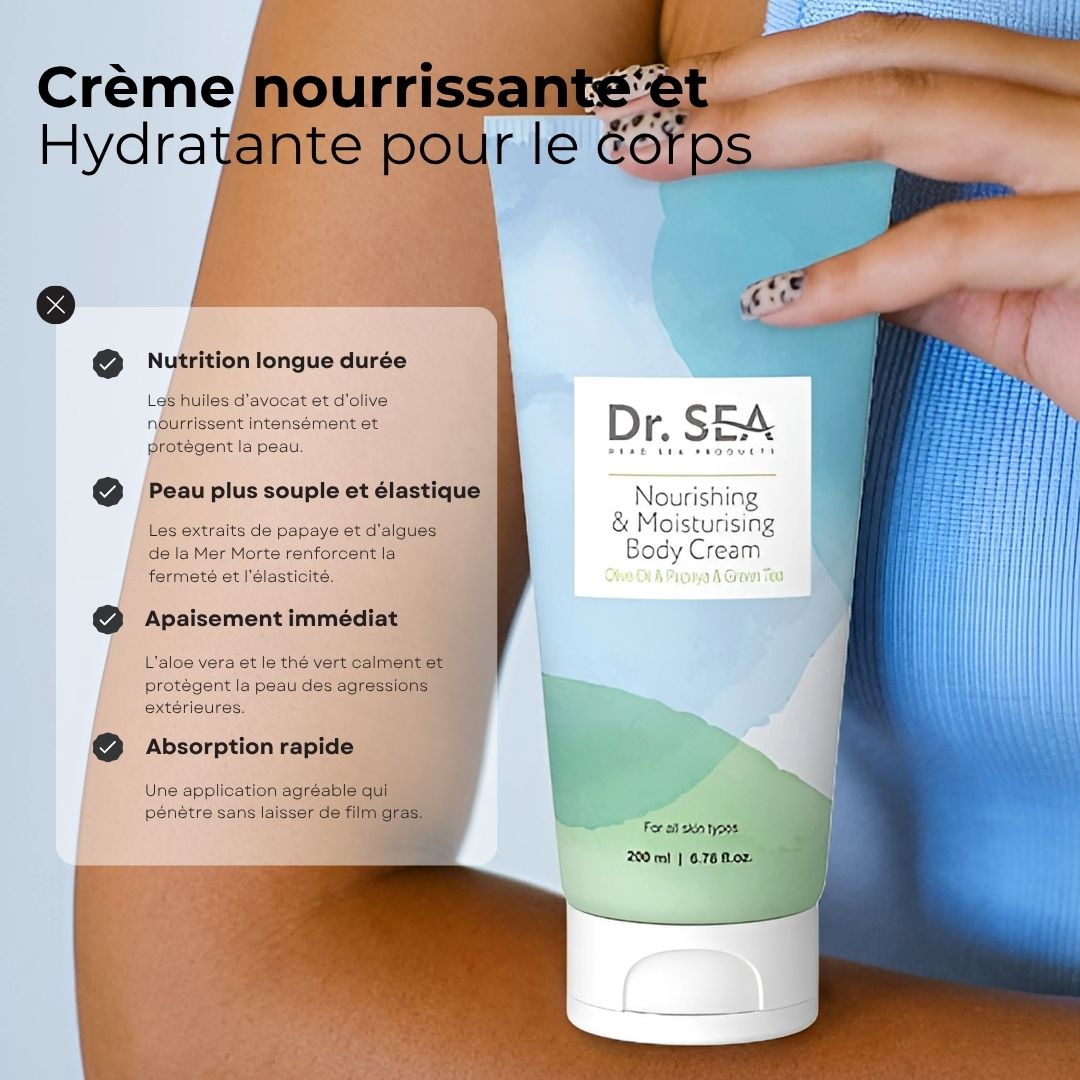 Tube de crème avec texte. Femme tenant le tube. Texte : « Nourishing & Moisturising Body Cream ». Ingrédients : avocat, huile d'olive, papaye, thé vert.