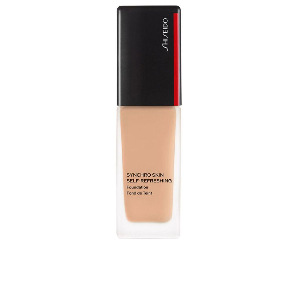 Flacon de fond de teint beige. Bouchon noir avec bande rouge. Inscription: Shiseido, Synchro Skin Self-Refreshing Foundation.
