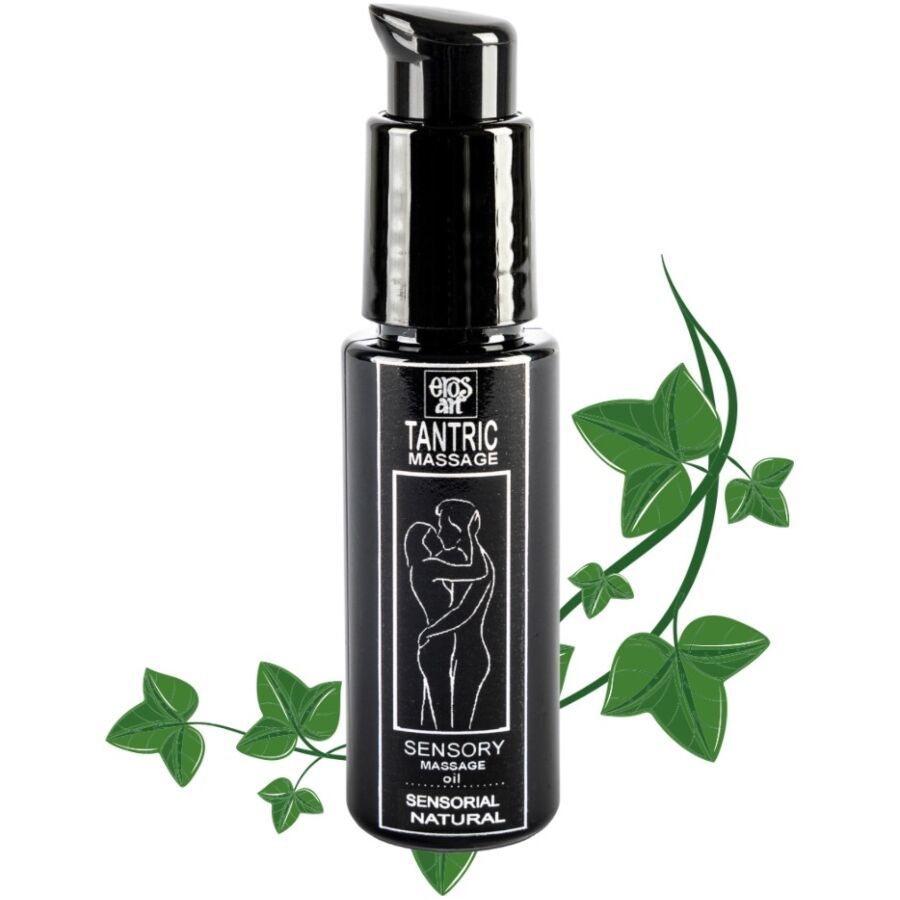 Huile de massage tantrique dans une bouteille noire avec pompe. Étiquette montrant un couple et des feuilles vertes.