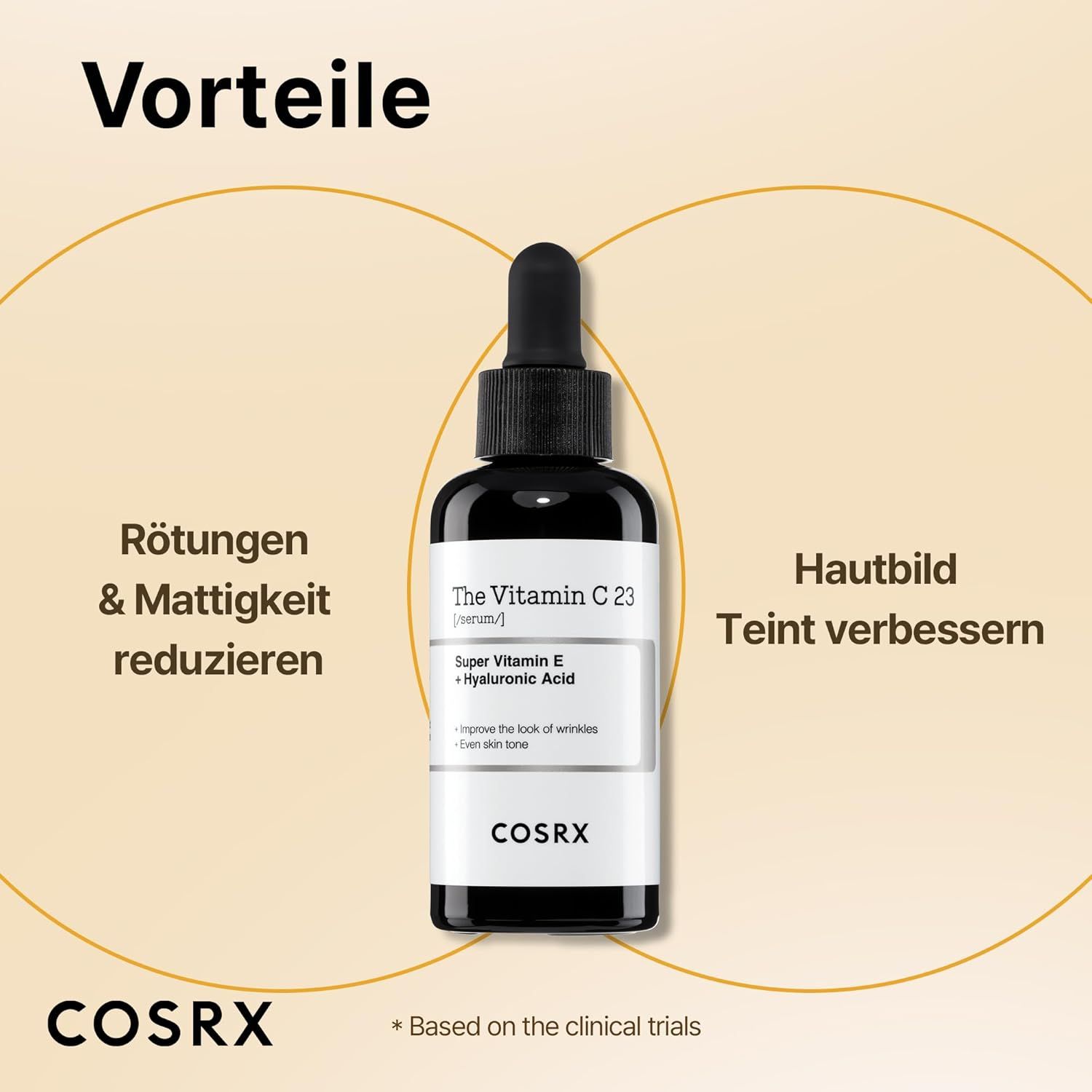 Flacon en verre avec pipette, nom du produit et logo COSRX. Texte : Avantages, réduire les rougeurs, améliorer le teint.