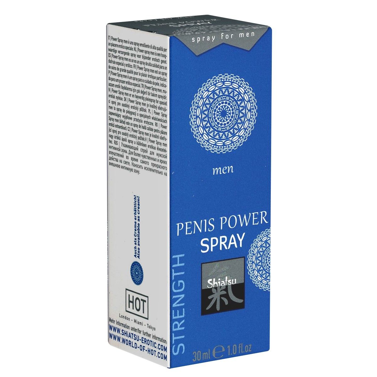 Blauwe en witte productverpakking. Opschrift: PENIS POWER SPRAY, Shiatsu, 30ml. Tekst: HOT, STRENGTH, men.