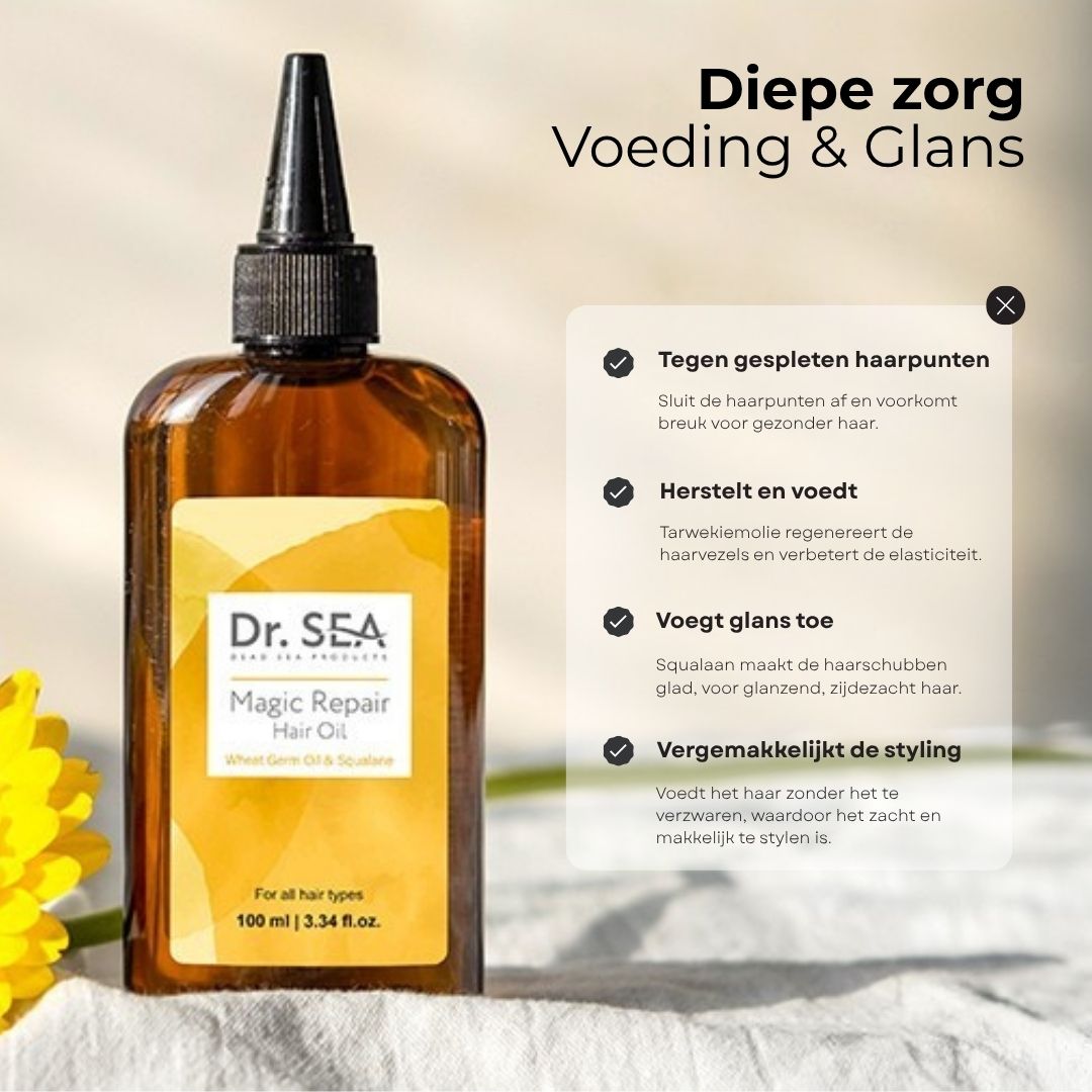 Tekst op transparante achtergrond. Tekst: Aanbevolen voor: dof haar, droog en beschadigd haar, gespleten punten, moeilijk te hanteren haar.