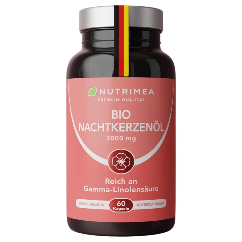 Bruine fles met capsules. Opschrift: BIO Teunisbloemolie 3000 mg, 60 capsules. Met Duitse vlag.