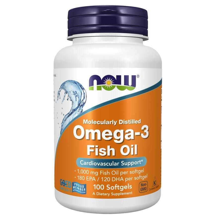 Witte fles Omega-3 capsules. Oranje etiket met info en NOW logo. 100 softgels.