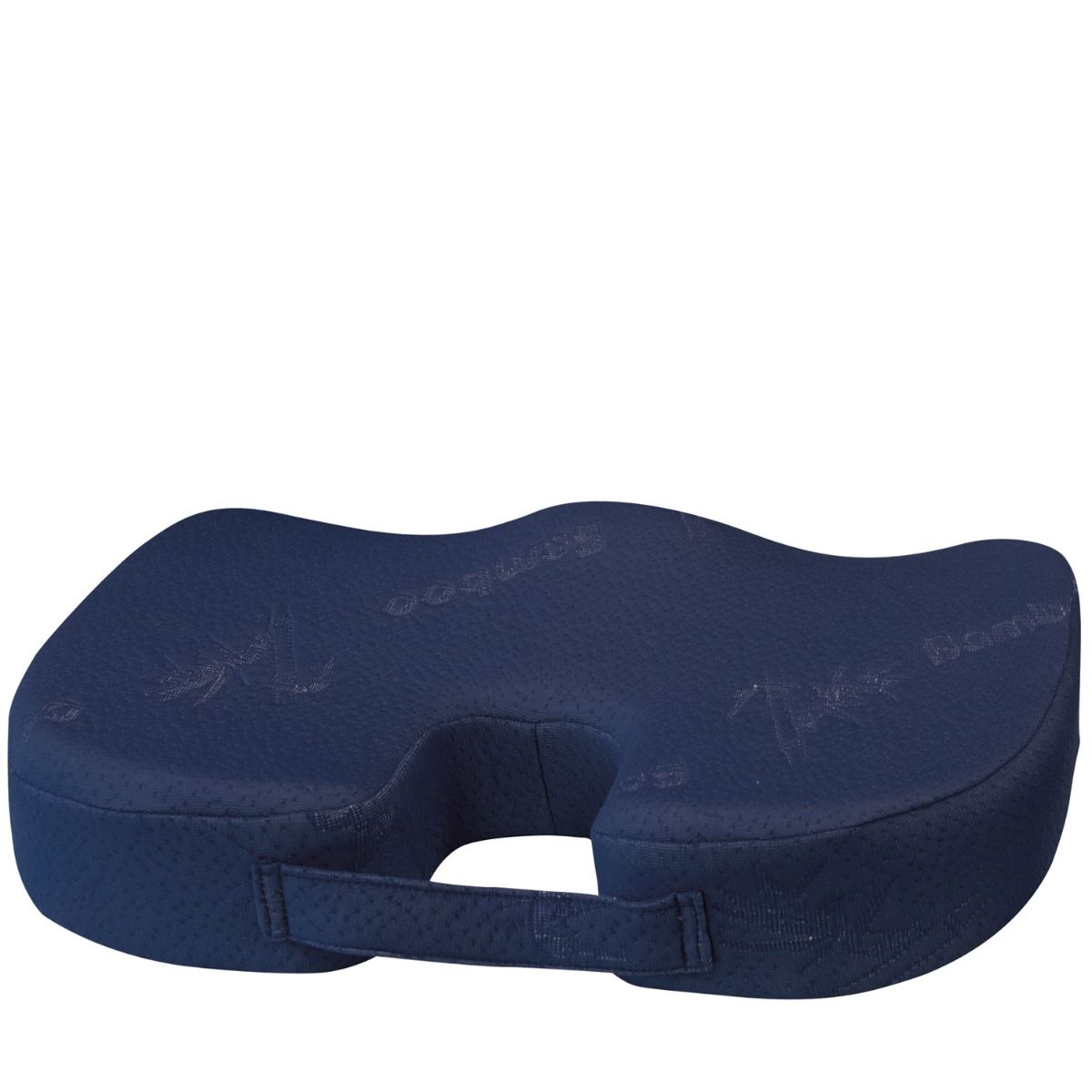 Blauw orthopedisch zitkussen. Uitsparing in het midden. Bamboe logo. Vorm: golvend.