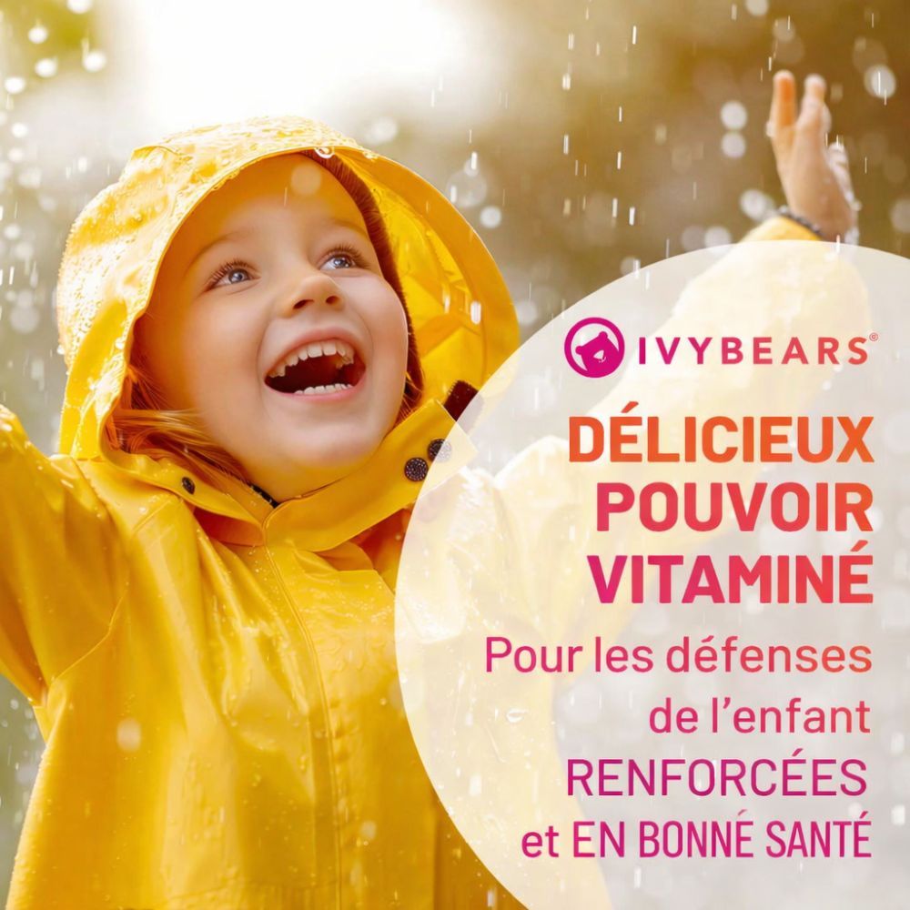 Ours en gomme rouge avec cache-oreilles jaunes. Certifications : Vegan, Halal, GMP, HACCP, SGS, Fabriqué en Allemagne.