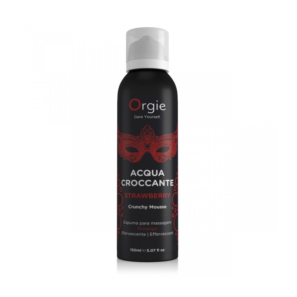 Zwarte fles met witte spraykop. Opschrift: Orgie, Acqua Croccante Strawberry, Crunchy Mousse. Rood masker ontwerp.