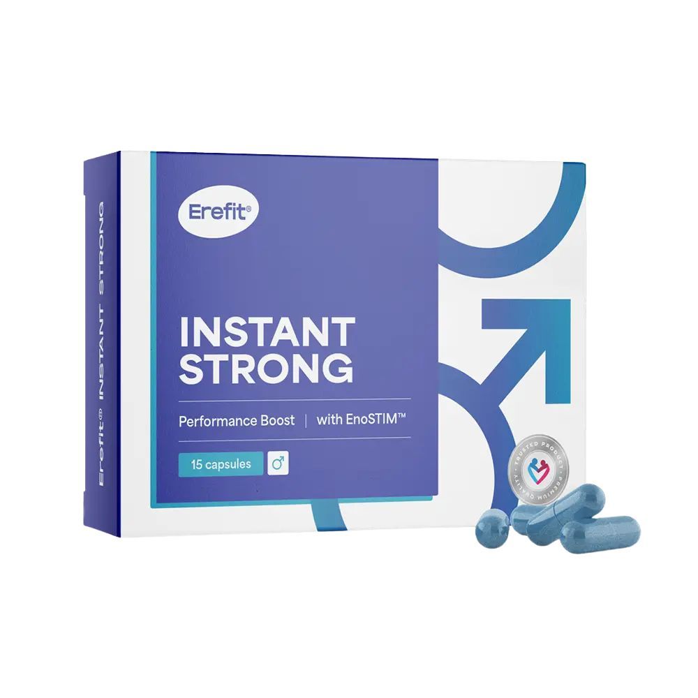 Boîte Erefit INSTANT STRONG. Capsules bleues. Logo et nom du produit sur l'emballage.