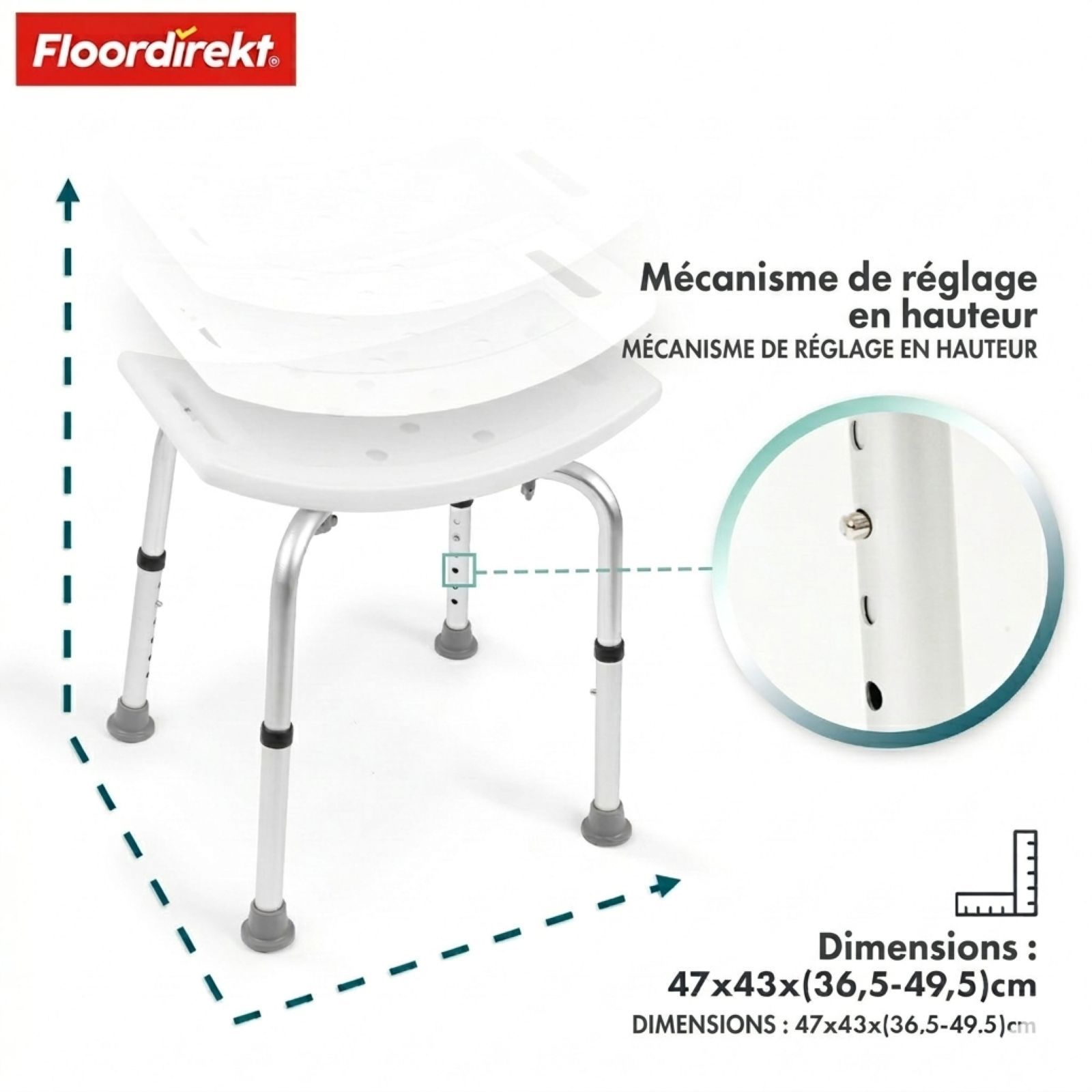 Tabouret de douche blanc, pieds argentés. Réglable en hauteur. Dimensions : 47x43x(36,5-49,5)cm. Marque : Floordirekt.