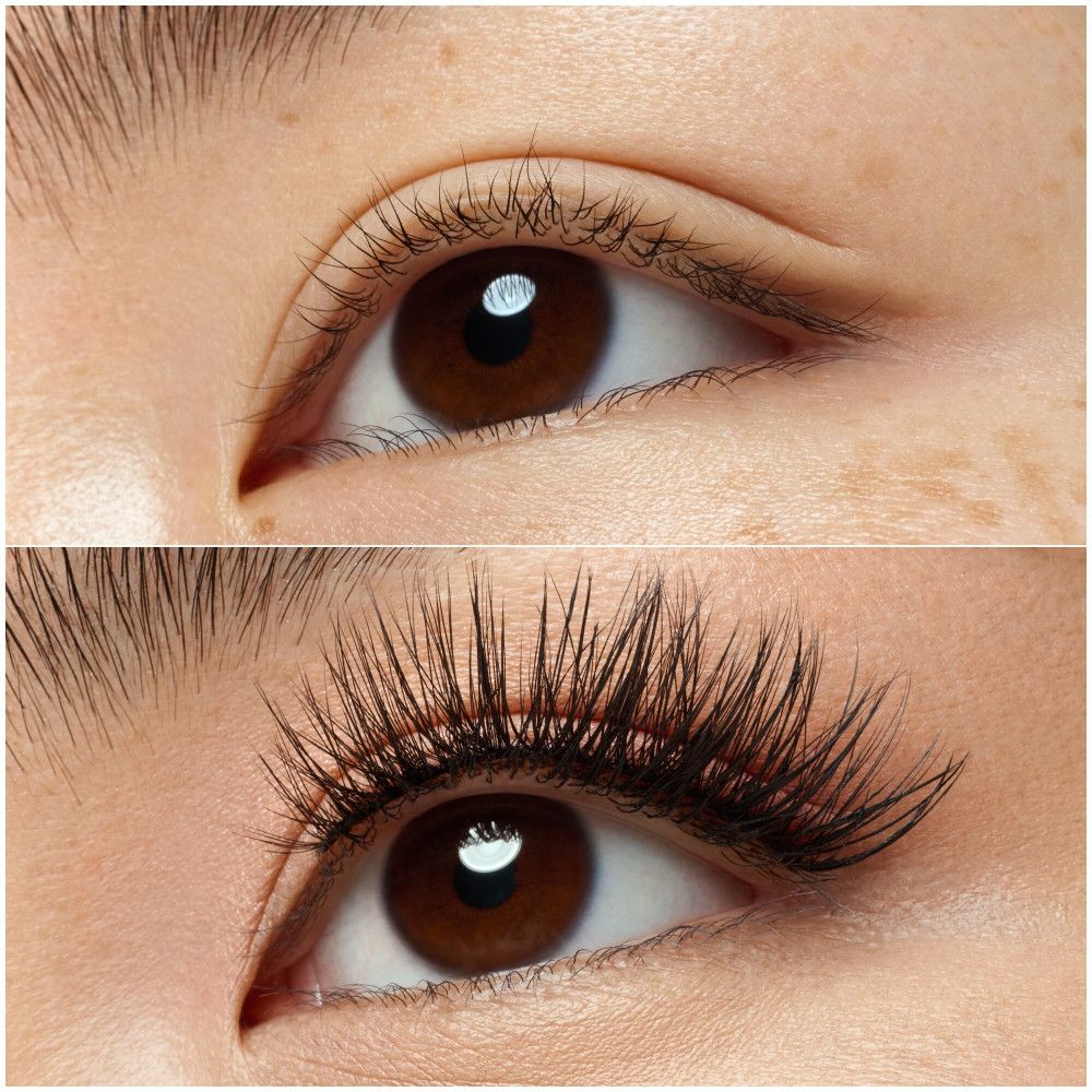 Gros plan sur un œil avec et sans faux cils. En haut : cils naturels. En bas : faux cils.