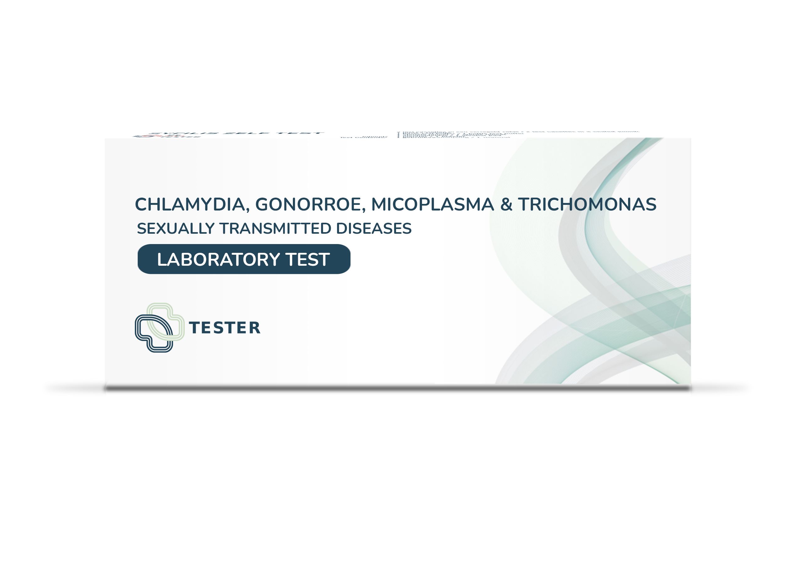 Witte doos met tekst: Chlamydia, Gonorroe, Mycoplasma & Trichomonas. Laboratoriumtest. Logo: Tester.