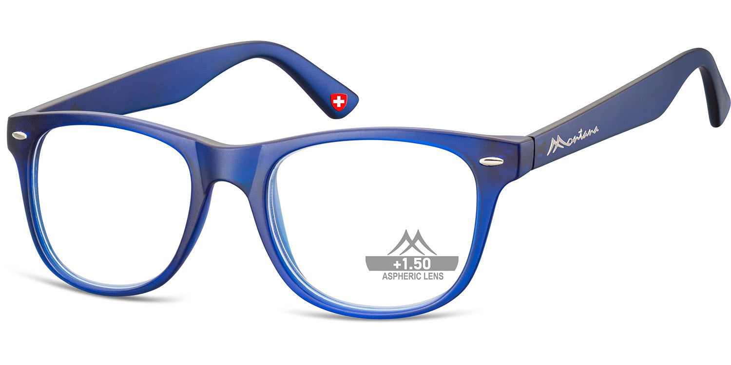 Blauwe bril met +1.50 Aspheric Lens. Montana Eyewear logo op de poot. Zwitsers kruis.