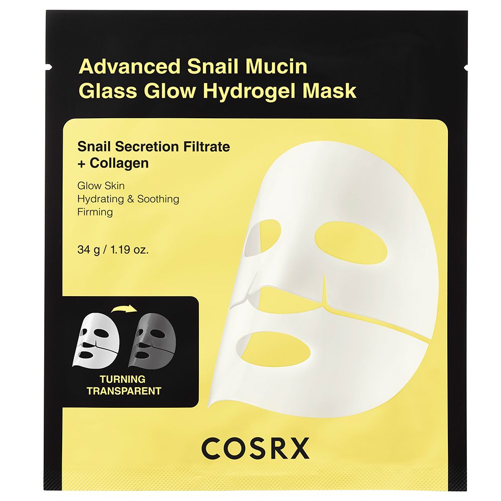 Verpakking van de Advanced Snail Mucin Glass Glow Hydrogel Mask met COSRX logo.