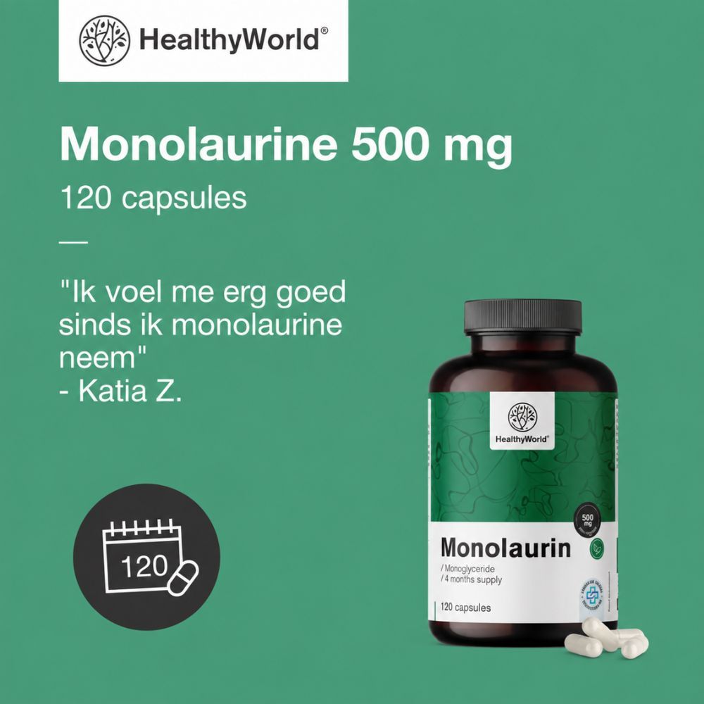 Drie Monolaurine 500 mg potten op groene achtergrond.