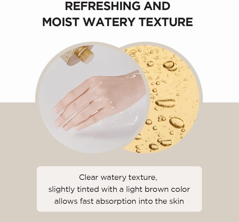Liquide clair sur peau et en gouttes. Description de la texture : clair, légèrement brun, absorption rapide.
