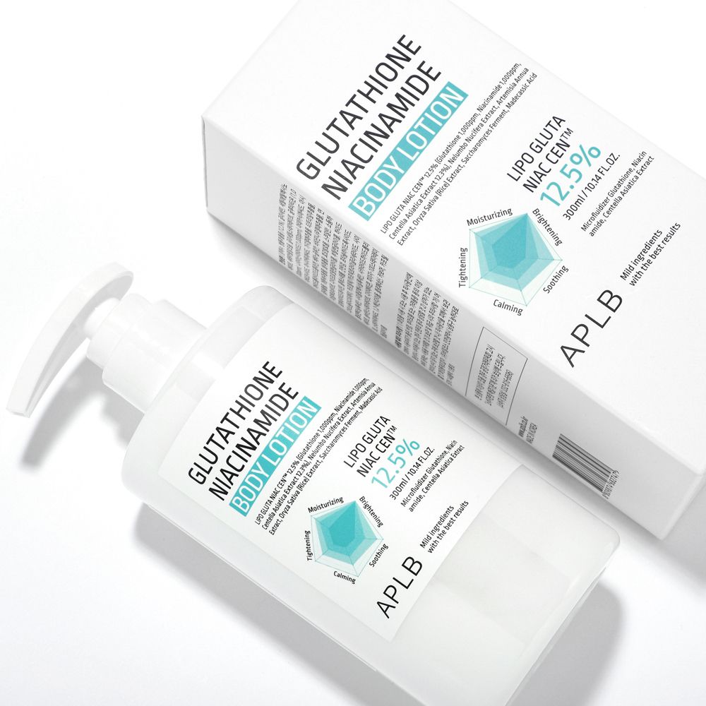 Glutathion Niacinamide Body Lotion pompfles naast de verpakkingsdoos.