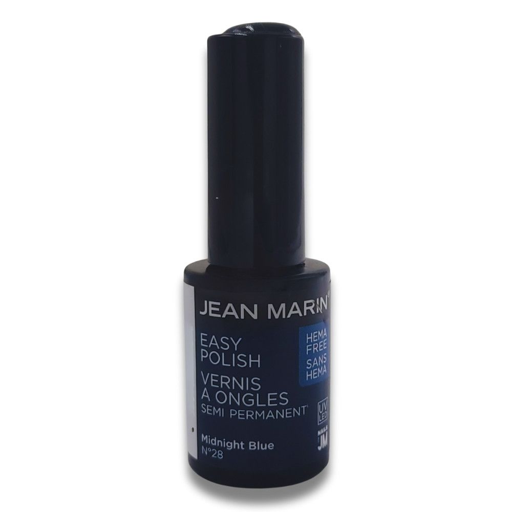 Flacon de vernis à ongles bleu foncé. Inscription: JEAN MARIN, EASY POLISH, VERNIS A ONGLES, SEMI PERMANENT. HEMA Free. Couleur: Midnight Blue.