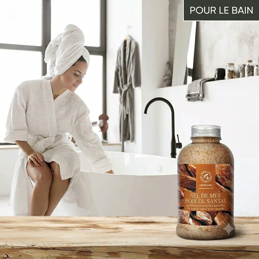 Bouteille de sels de mer parfumés au bois de santal.
