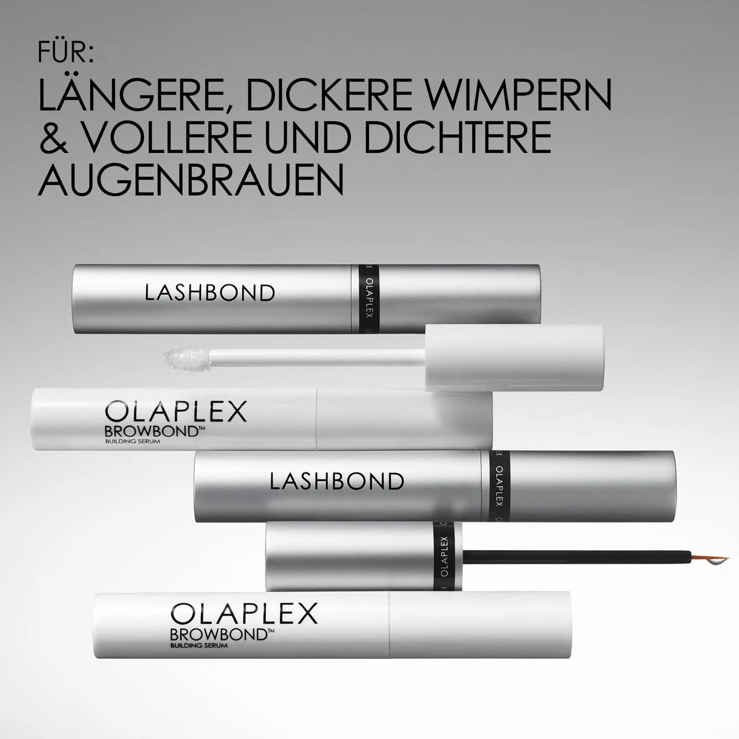 Plusieurs produits, dont des tubes argentés avec l'inscription "LASHBOND" et "BROWBOND".