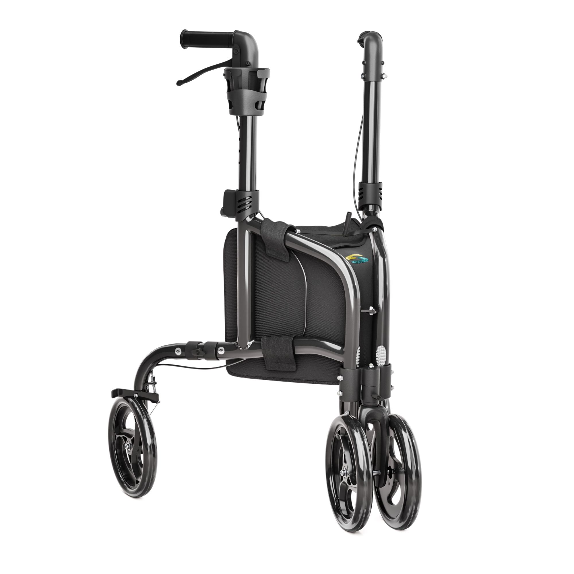 Déambulateur étroit à trois roues en aluminium avec une sacoche.