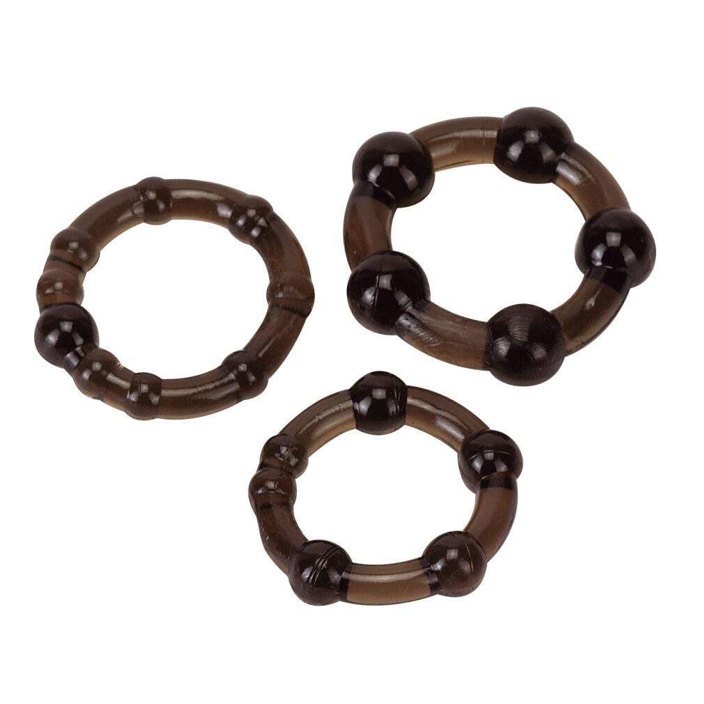 Drie zwarte Pro Rings in verschillende maten met noppen.