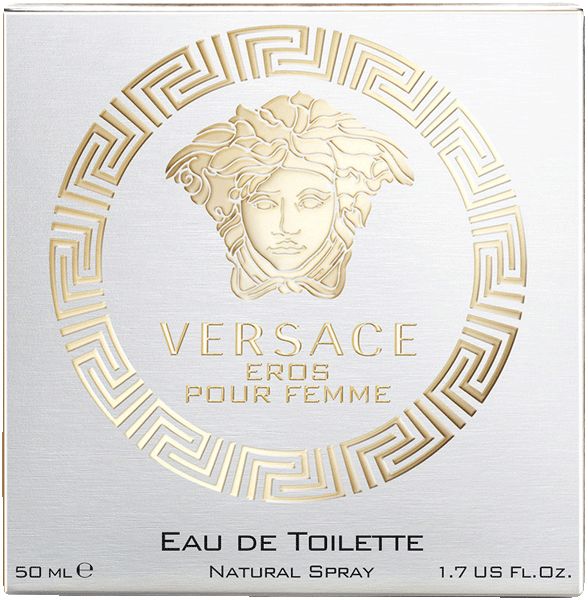 Versace Eros pour Femme Eau de Toilette. Boîte avec logo et inscription. Détails dorés.
