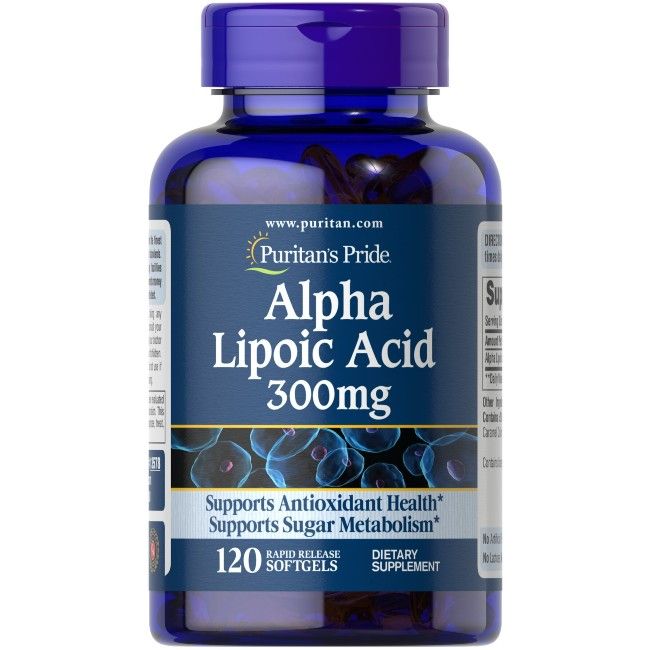Fles Puritan's Pride Alpha-Liponzuur 300mg, 120 softgels.