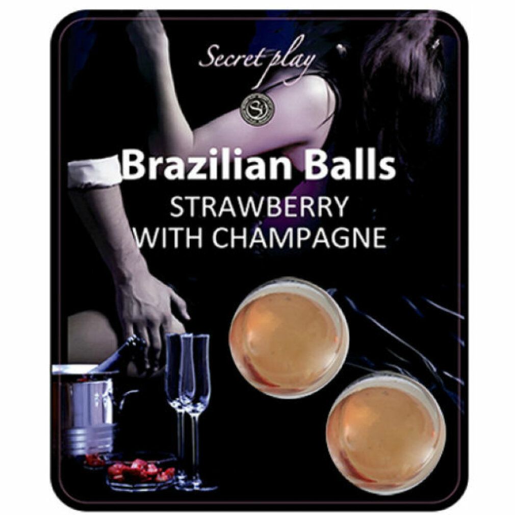 Secret Play Brazilian Balls Aardbei met Champagne, twee balletjes in close-up op zwarte achtergrond.