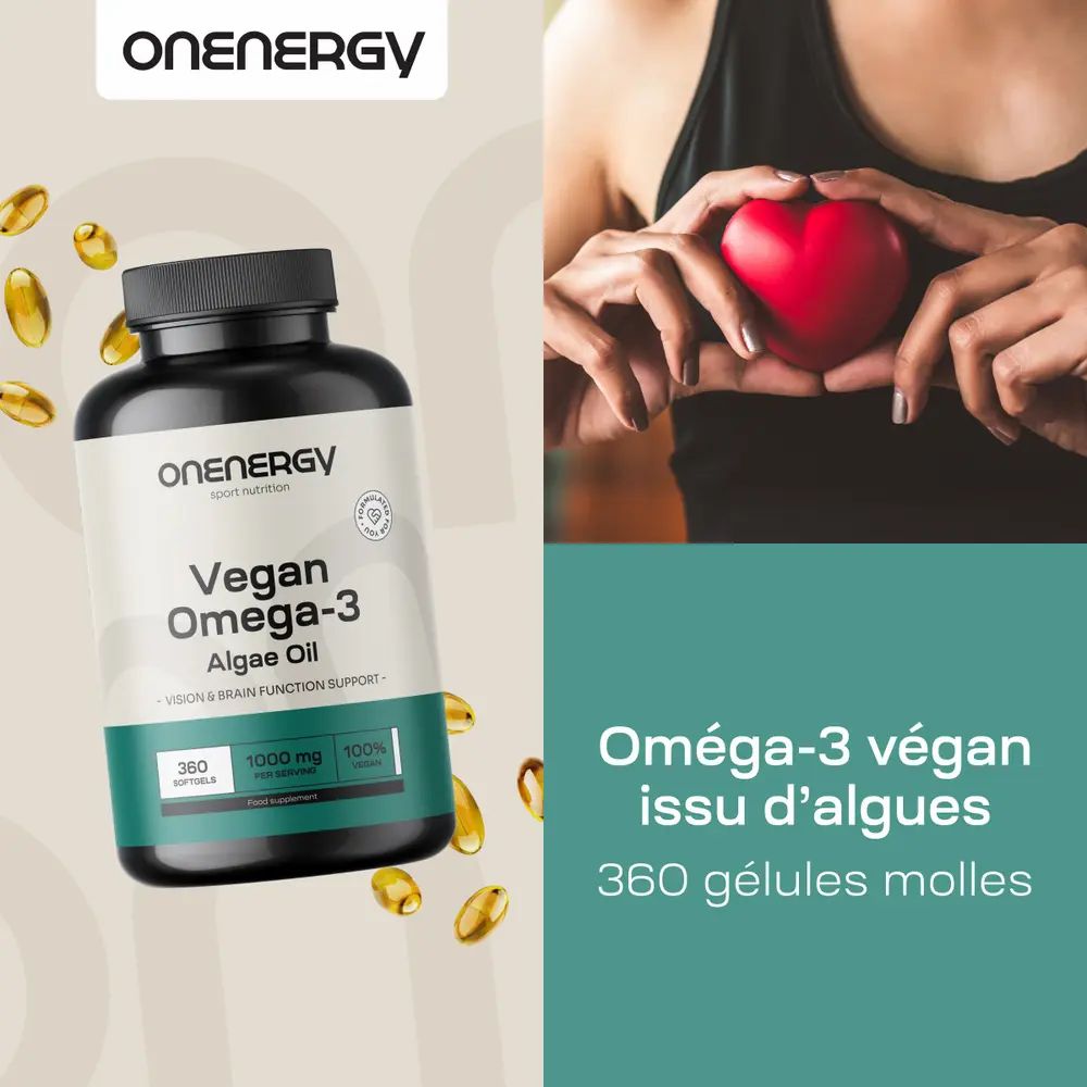 Bouteille d'OnEnergy Vegan Oméga-3 à base d'algues, 360 gélules. Mains tenant un cœur rouge.