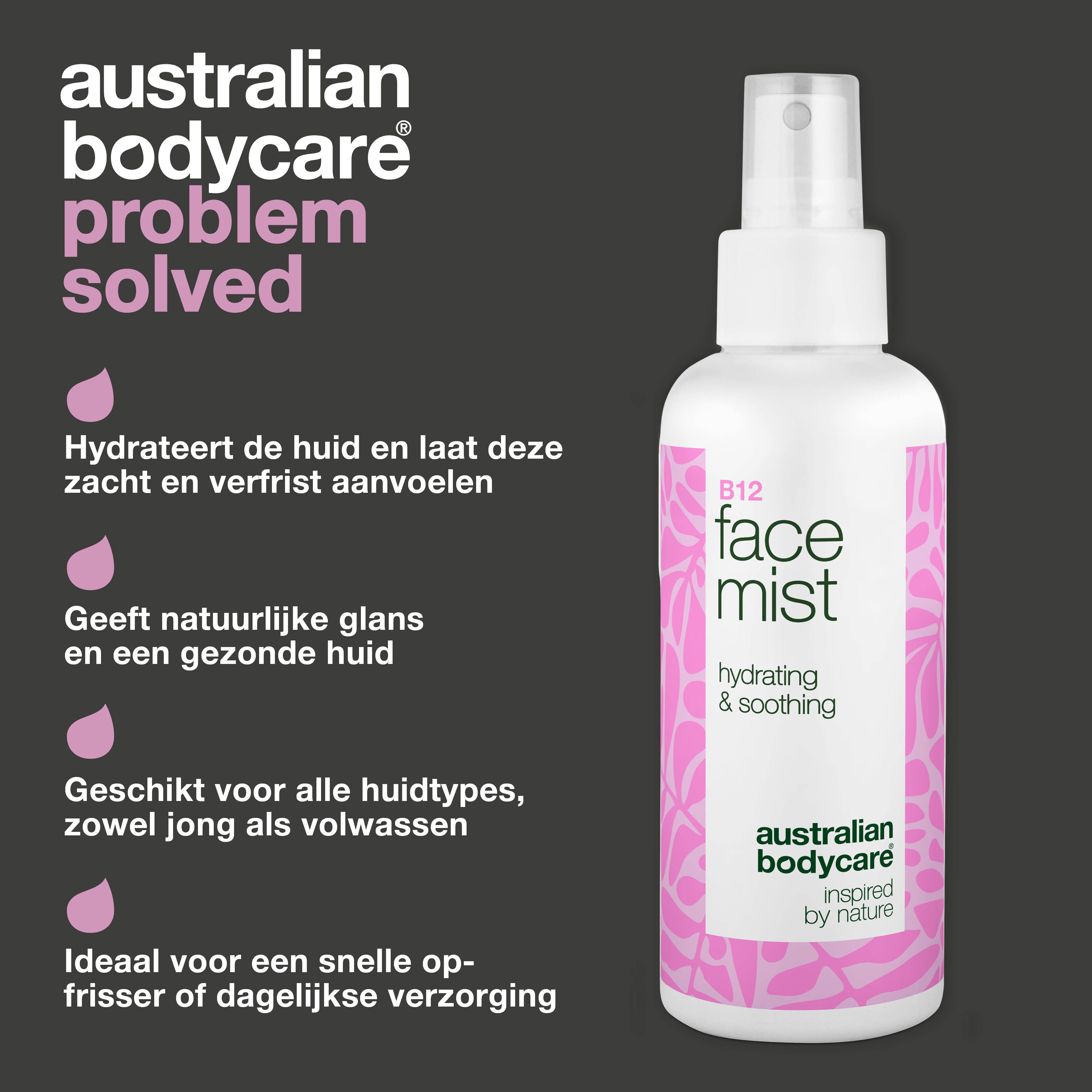 Een fles B12 Face Mist. Tekst: Australian Bodycare, Probleem opgelost. Hydrateert de huid en laat deze zacht en verfrist aanvoelen.