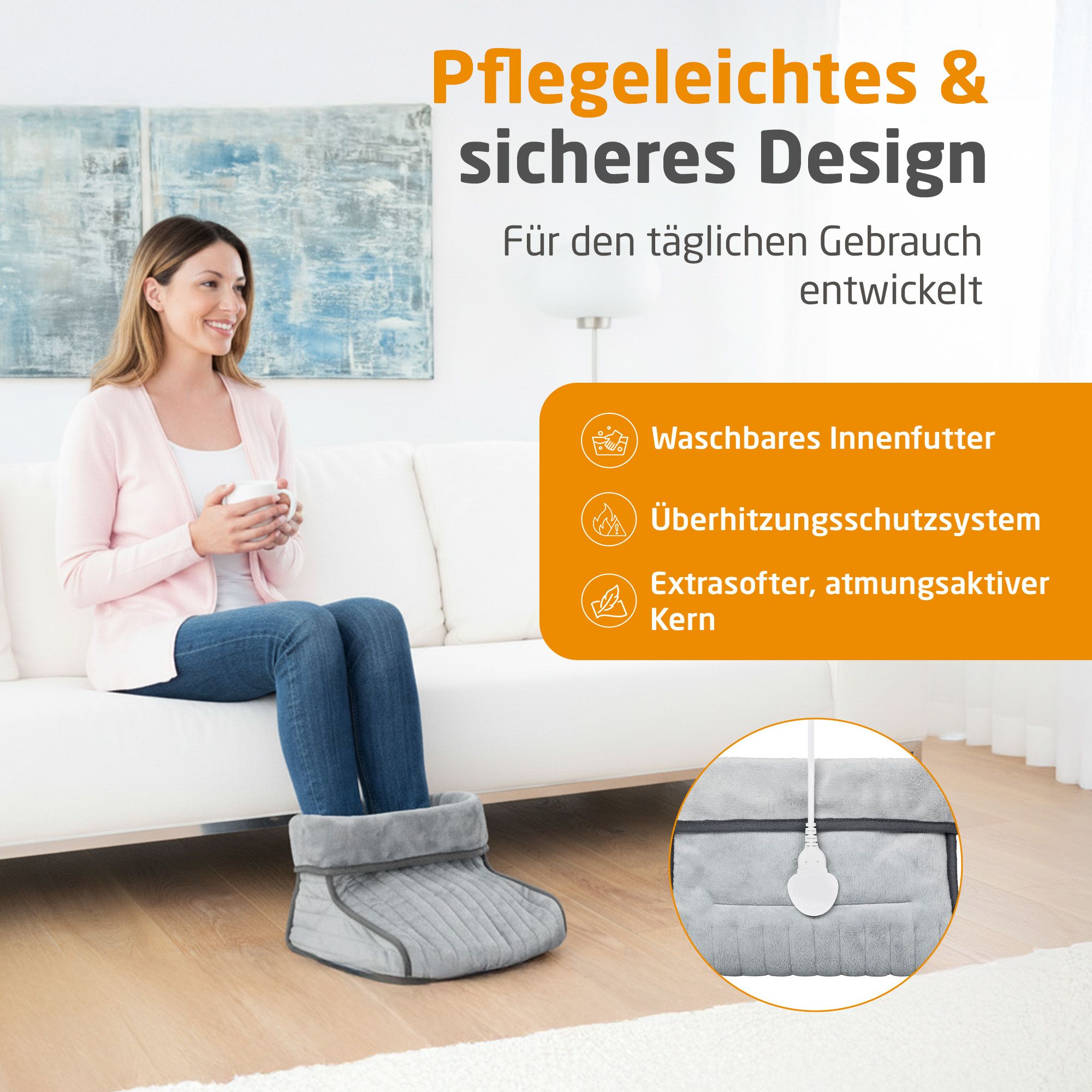 Grijze, wasbare voetverwarmer met oververhittingsbeveiliging en ademende kern.