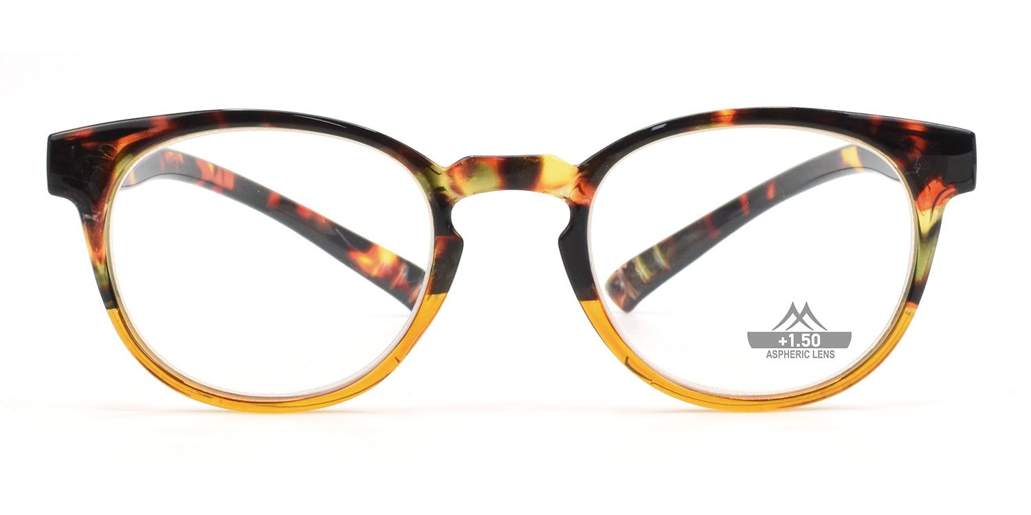 Ronde leesbril met bruin-geel montuur. "+1.50" op het rechterglas.