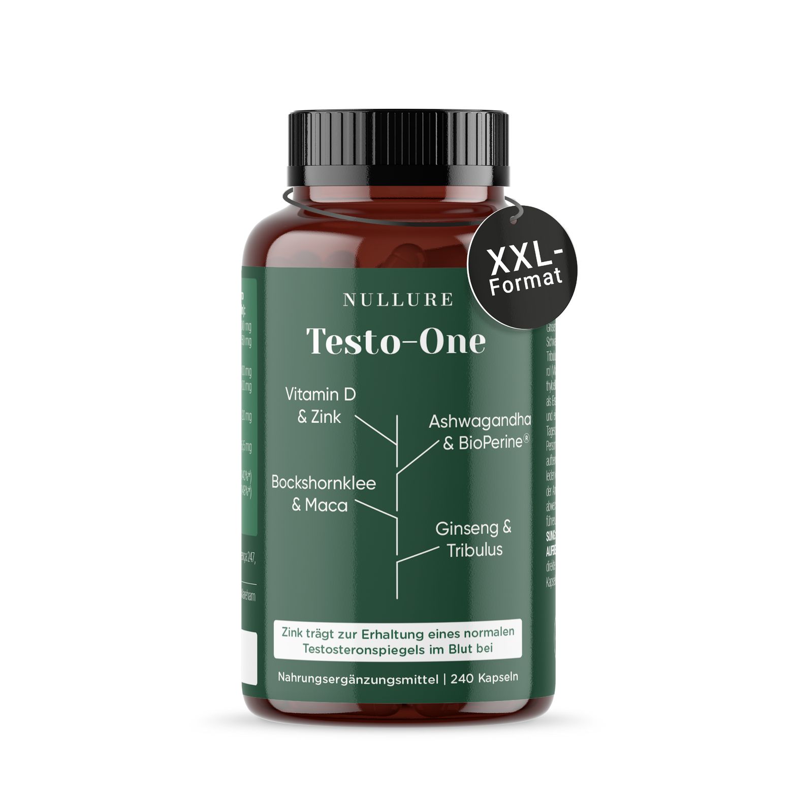 Bouteille Nullure Testo-One format XXL avec liste d'ingrédients et indication de dosage.