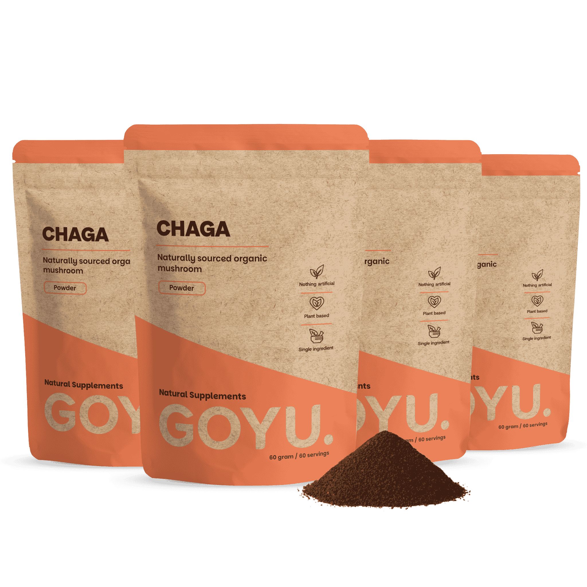 Quatre paquets de poudre de Chaga GOYU, champignon bio d'origine naturelle.