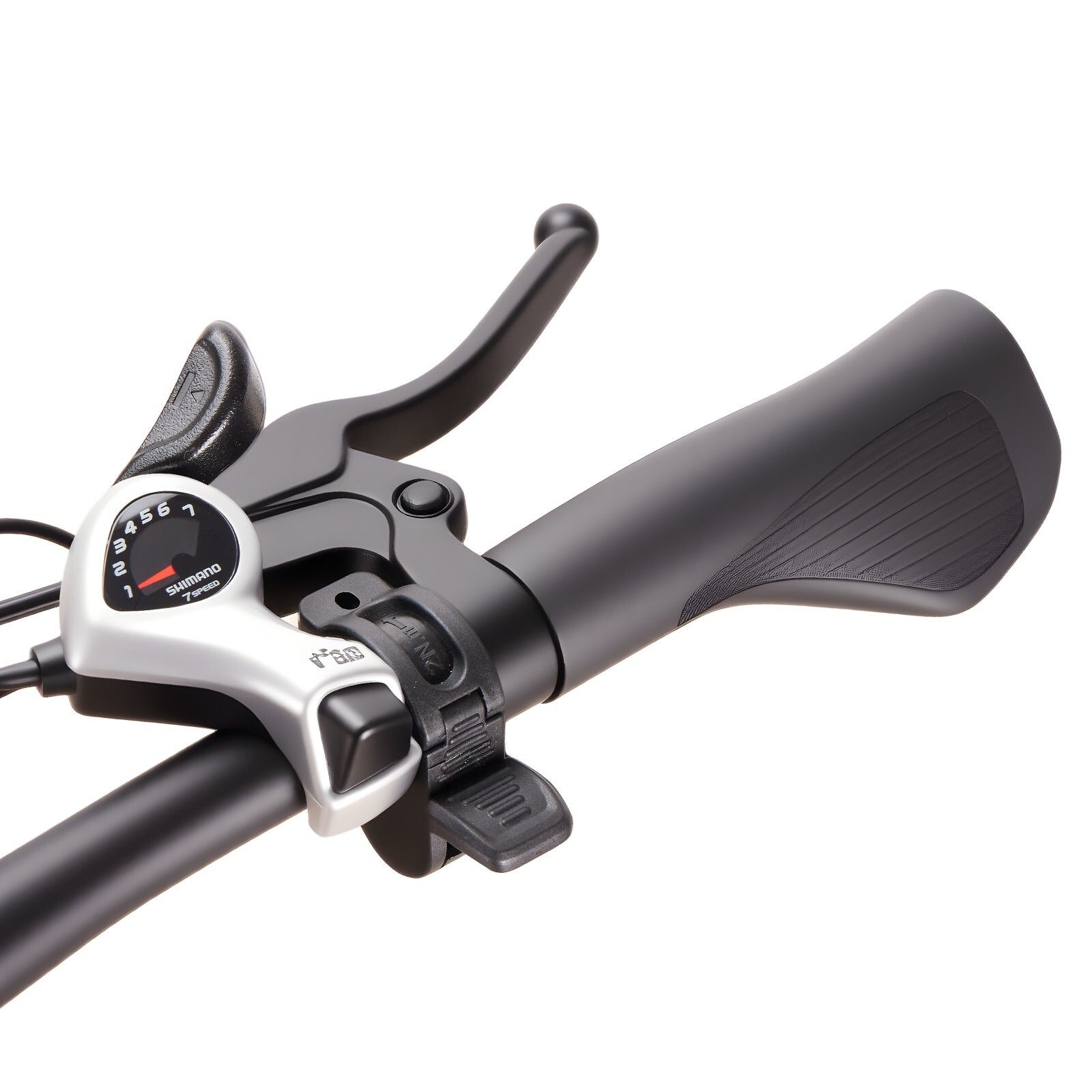 Guidon avec poignée, levier de frein et sélecteur de vitesse. Couleur noire. Logo Shimano visible.