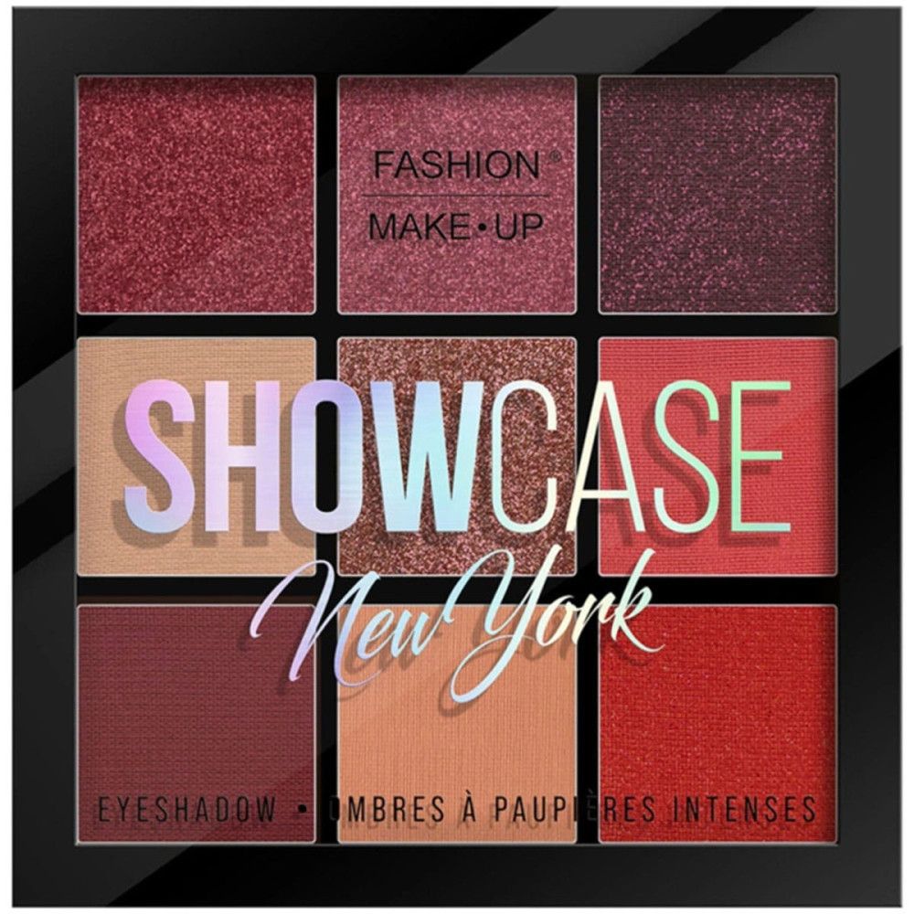 Oogschaduwpalette met negen kleuren in rode en bruine tinten, sommige met glitters.