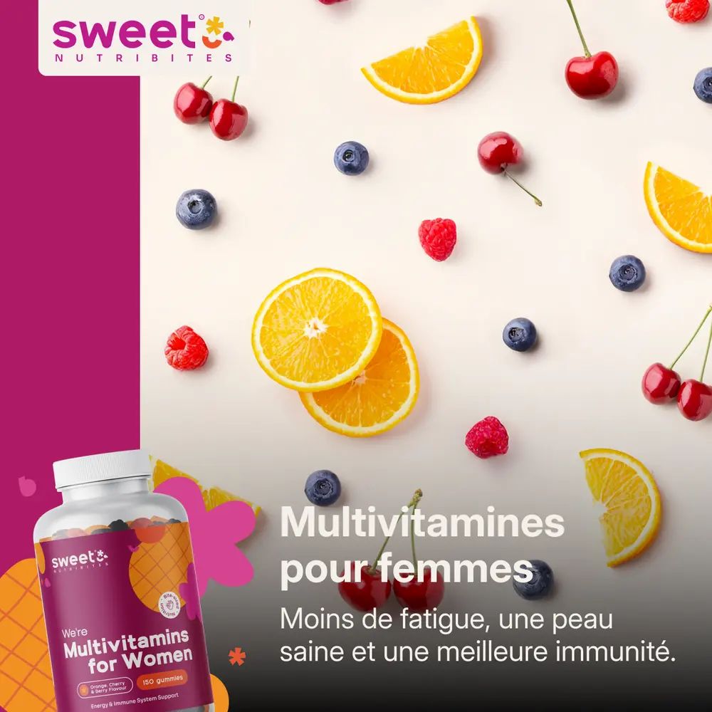 Sweet Nutribites Multivitamines pour femmes. Bouteille avec fruits. Texte: Multivitamines pour femmes. Moins de fatigue, peau saine.