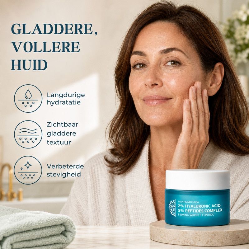 Een potje crème met hyaluronzuur en peptidecomplex, met gebruiksinstructies.