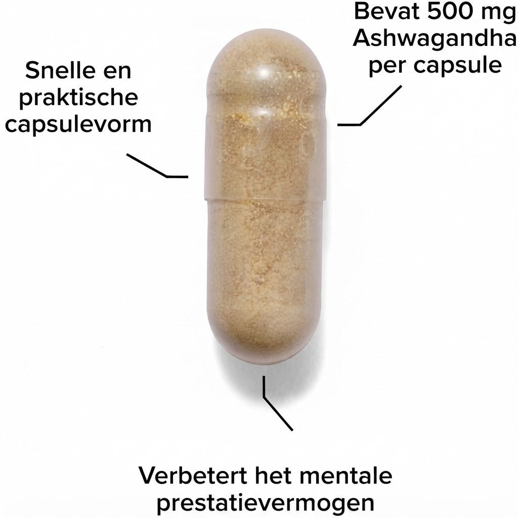 Een capsule met bruin poeder, 500 mg Ashwagandha per capsule.