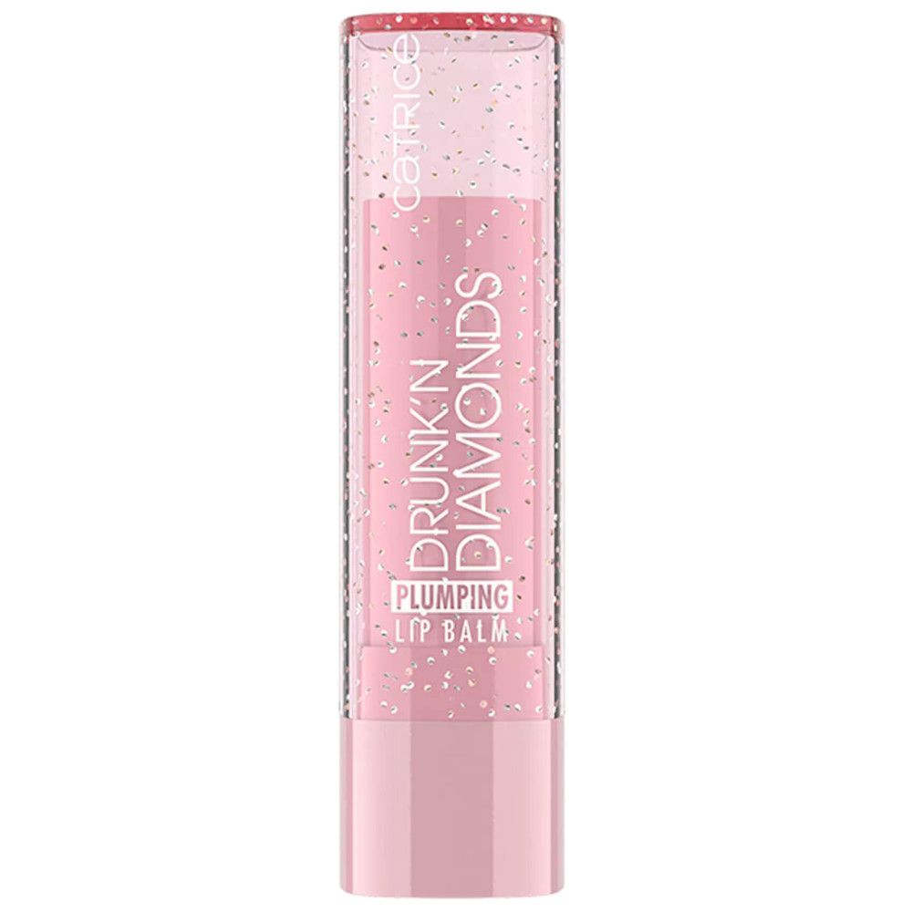 Roze lippenbalsem. Transparant met glitter. Opschrift: Drunk'n Diamonds, Plumping Lip Balm. Merk: Catrice.
