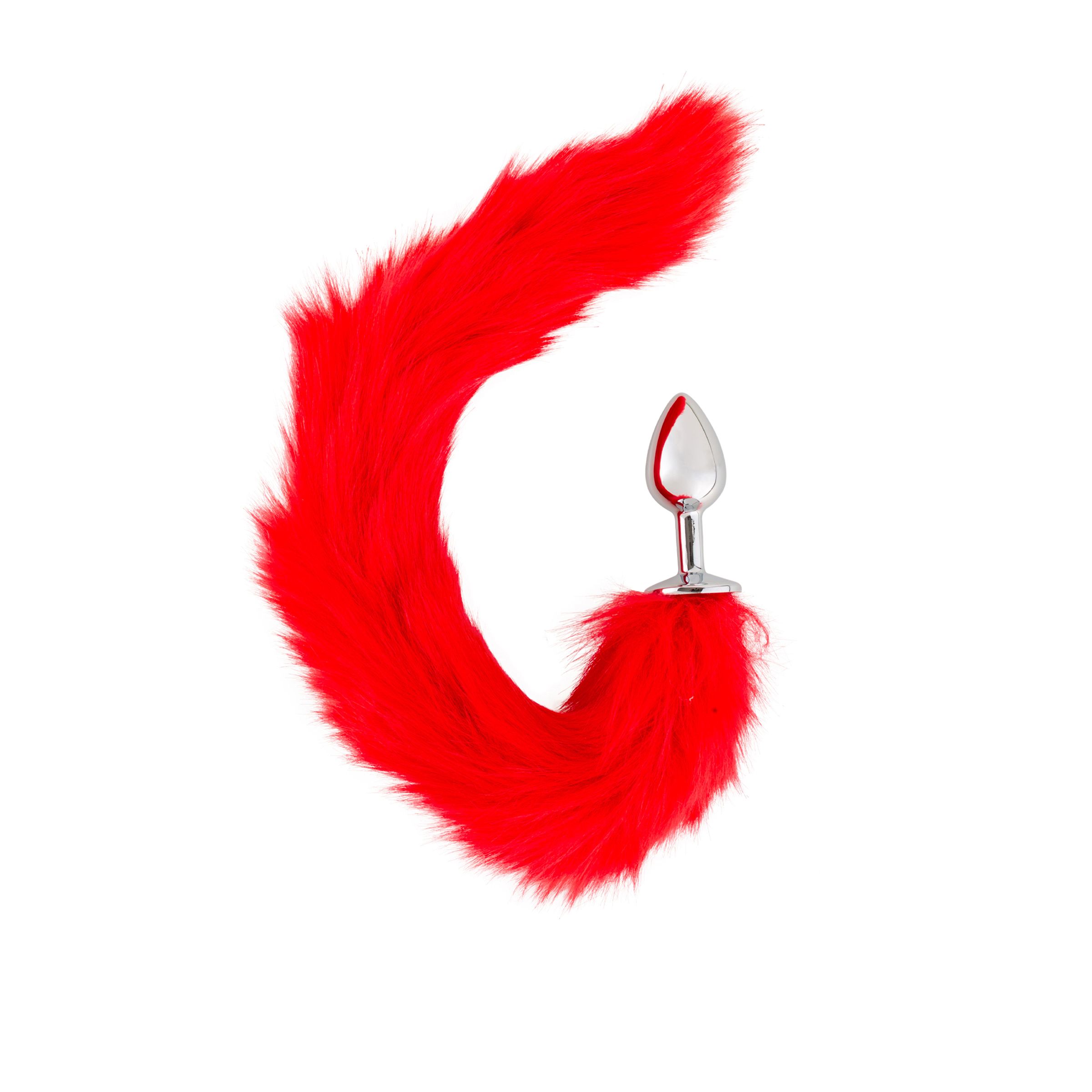 Queue rouge et duveteuse avec base métallique. La queue est courbée, isolée sur fond blanc.