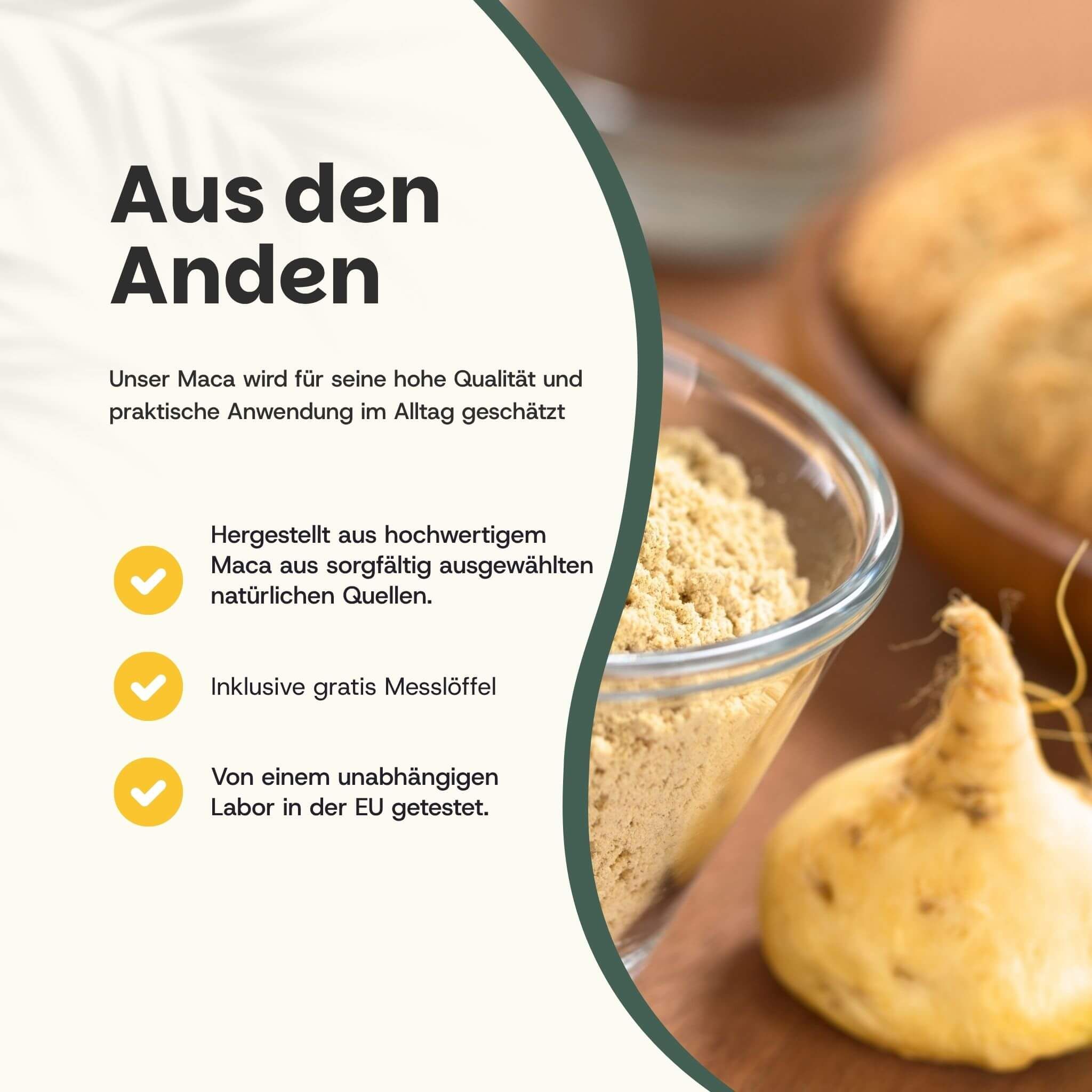 Macapoeder in kom, macawortel en maatlepel. Tekst: Uit de Andes.