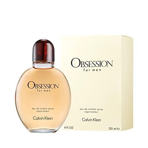 Flacon rond avec bouchon marron et boîte. Inscription : Obsession for men, Calvin Klein. 125 ml.